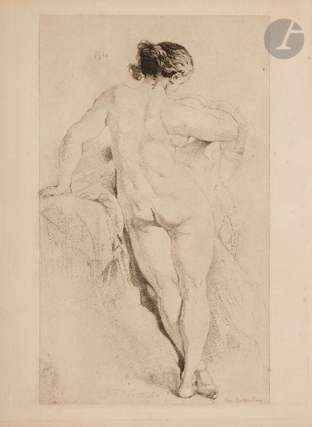 GONCOURT (Edmond et Jules de).
L’Art du dix-huitième siècle.
Paris : E. Dentu, 1859-1875. — 10 fascicules reliés en 10 volumes in-4, 280 x 213. Bradel demi-parchemin ivoire à coins, filets dorés, dos lisse orné, tête dorée, non rogné, couverture conservée (Paul Vié).

Édition originale de ces brochures constituant le tirage à part d’articles des frères Goncourt parus à partir de 1856 des revues L’Artiste et La Gazette des beaux-arts. L’ambition des auteurs étaient au départ de concevoir un livre de biographies sur l’art du XVIIIe siècle ; ils firent ainsi paraître chaque année une monographie sur un artiste ou une famille d’artiste.
La publication se voulait ambitieuse mais seulement 13 biographies furent publiées ; chaque brochure était imprimée à 
200 exemplaires sur papier vergé par l’imprimeur lyonnais Louis Perrin, et était illustrée de 2 à 4 eaux-fortes originales d’après les artistes étudiés, toutes gravées par Jules de Goncourt sauf 2 qui étaient l’œuvre de son frère, à savoir Augustin de Saint-Aubin assis sur un tabouret (Saint-Aubin) et La Justice et la Vengeance divine poursuivant le Crime (Prud’hon).

Notre ensemble, en reliures uniformes, se compose des titres suivants :
- Les Saint-Aubin. Paris : E. Dentu, 1859. — 4 portraits inédits gravés à l’eau-forte.
- Watteau. Idem, 1860. — 4 dessins gravés à l’eau-forte.
- Boucher. Idem, 1862. — 4 dessins gravés à l’eau-forte.
- Chardin. Idem, 1864. — 4 dessins gravés à l’eau-forte.
- Frangonard. Idem, 1865. — 4 dessins gravés à l’eau-forte.
- Debucourt. Idem, 1866. — 2 dessins gravés à l’eau-forte.
- La Tour. Idem, 1867. — 4 dessins gravés à l’eau-forte. Précieux exemplaire enrichi d’un envoi de Jules de Goncourt adressé à l’écrivain et critique d’art Philippe BURTY.
- Les Vignettistes. Gravelot - Cochin - Eisen - Moreau. Idem, 1868-1870. — 2 volumes. 4 dessins gravés à l’eau-forte. Le premier volume est enrichi d’un envoi autographe de Jules de Goncourt adressé à