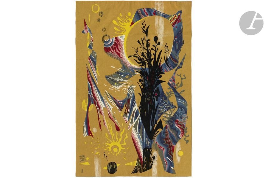 MARC SAINT-SAËNS (1903-1979) CARTONNIER & TABARD FRÈRES & SOEURS LISSIER À AUBUSSON
Ornements
Tapisserie d’Aubusson.
Laines de couleur.
Signée Marc SAINT-SAËNS et porte le monogramme du lissier dans la trame en bas à gauche, complète de son bolduc d’origine signé par l’artiste recousu sur la toile fixée postérieurement au dos et portant les mentions de titre, d’artiste, de dimensions et de lissier.
255 cm x 175 cm
