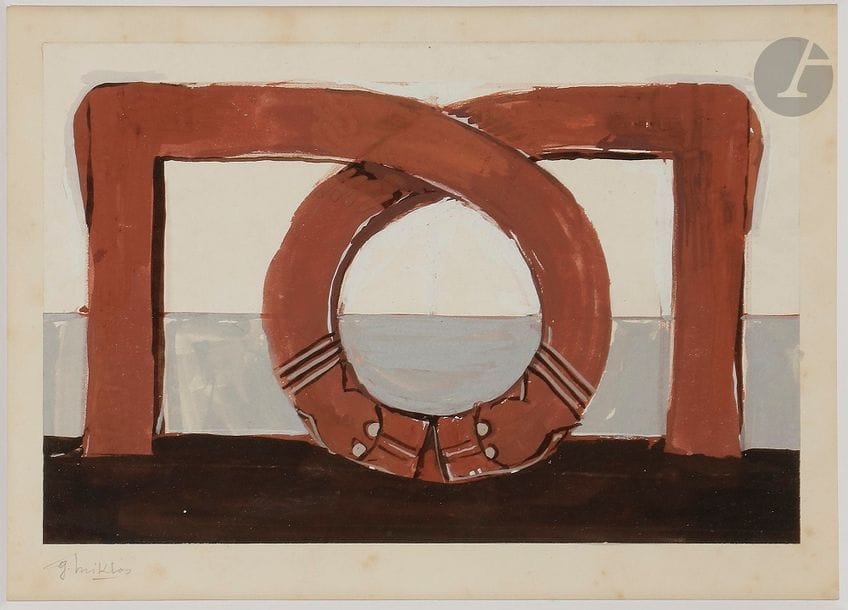 GUSTAVE MIKLOS (1888-1967)
Projet d’un modèle d’accotoir-prise pour une paire de banquettes pour Jacques Doucet (puis Collection Yves Saint-Laurent & Pierre Bergé), circa 1927/28
Gouache sur papier fin collé sur un fond de papier fort.
Signée G. MIKLOS au crayon sur le fond en papier fort.
À vue : 18 x 24,5 cm

Provenance :
- Collection Imre Cserespflavi, éditeur franco-hongrois, proche de Gustave Miklos.
- Mme Katy Calligan, fille du précédent. Œuvre détenue par voie de succession.
- Collection X.. Œuvre acquise auprès de la précédente.

Historique :
Cette œuvre est significative dans les travaux de Gustave Miklos pour Jacques Doucet.
En effet, il s’agit là d’un projet pour un modèle d’accotoir, celui qui fut retenu, pour une paire de banquettes qui allait être réalisée et destinée au désormais célèbre Studio Saint-James à Neuilly du couturier.
On redécouvrira ces deux meubles, sans encore en identifier leur auteur malgré l’initiale M. apposée sous l’un des accotoirs, lors de la légendaire vente Audap, Godeau et Solanet du 8 novembre 1972 à l’Hôtel Drouot consacrée à la dispersion de l’Ancienne Collection Jacques Doucet. Ces banquettes en bois de palmier, laque corail (sur bronze) et léopard furent présentées sous le numéro 47 du catalogue et furent adjugées au marteau pour 37.000 Francs.
Acquises par Yves Saint-Laurent et Pierre Bergé, elles firent leur réapparition lors de la vente de la collection éponyme organisée le 24 février 2009 par Christie’s et furent, cette fois, échangées contre 1.745.000 euros frais compris. 

Important :
Cette œuvre est incluse au catalogue raisonné dressé par Mme Danuta Cichocka sous le numéro AD61.

Bibliographie : 
- Gustave Miklos un grand œuvre caché : livres reliures graphismes, vol. 1 - Danuta Cichocka, Fata Libelli Éditions, Paris, 2013. Notre étude reproduite page 29.
- Gustave Miklos le moderniste byzantin, vol. 2 - Danuta Cichocka Fata Libelli Éditions, Paris
