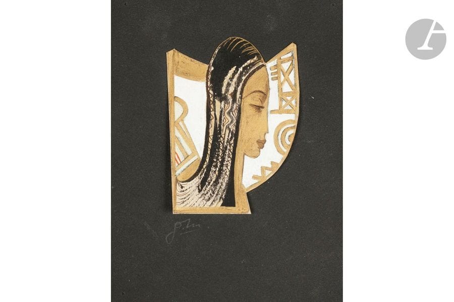 GUSTAVE MIKLOS (1888-1967)
Projet de bijoux (profil de femme)
Gouache et peinture or sur papier découpé et collé sur un fond noir.
Signée G. MIKLOS au crayon sur le fond noir.
Découpe seule : Hauteur : 7,5 cm
Feuille formant le fond noir : 13 x 9,7 cm

Provenance :
Identique au lot précédent.

Important :
Cette œuvre est incluse au catalogue raisonné dressé par Mme Danuta Cichocka sous le numéro AD125.

Bibliographie : 
Gustave Miklos le moderniste byzantin, vol. 2 -Danuta Cichocka Fata Libelli Éditions, Paris, 2014. Notre étude référencée sous le numéro AD125 et reproduite page 172.