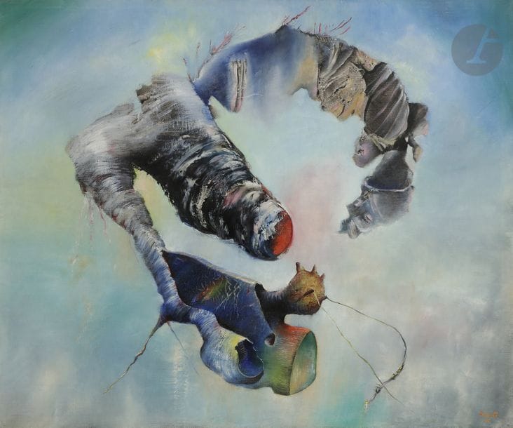 Enrico DONATI [italo-américain] (1909-2008)
Baptême du bouleau, 1945
Huile sur toile.
Signée et datée en bas à droite.
Annotée au dos sur le châssis.
60 x 73 cm