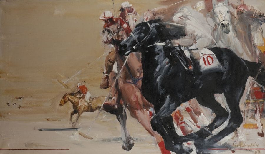 Ahmed SHAHABUDDIN [bangladais] 
(né en 1950)
Les Joueurs de polo, 1993
Huile sur toile.
Signée et datée en bas à droite.
97 x 162 cm