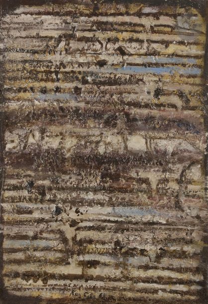 Key SATO [japonais] (1906-1978)
Autre écume de pierre, 1963
Huile sur toile.
Signée et datée au dos.
Titrée sur le châssis.
(Petites restaurations).
55 x 38 cm