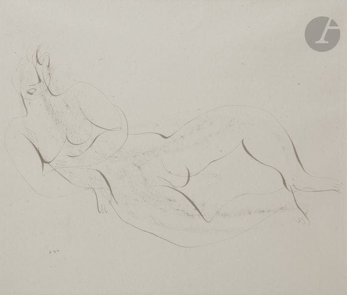 Jean FAUTRIER (1898-1964)
Nu étendu, 1944
Encre et frottage.
Monogrammée et datée en bas à gauche.
29 x 34 cm