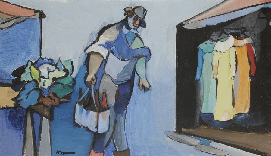 Jean HELION (1904-1987)
Entre chou et robes, 1973
Huile sur panneau.
Signée et datée en bas à gauche.
Signée, datée et titrée au dos.
33 x 55 cm