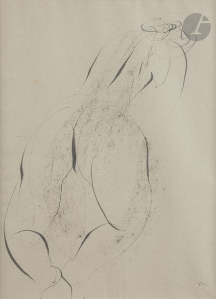 Jean FAUTRIER (1898-1964)
Nu de dos, 1944
Encre et frottage.
Monogrammée et datée en bas à droite.
25 x 18 cm