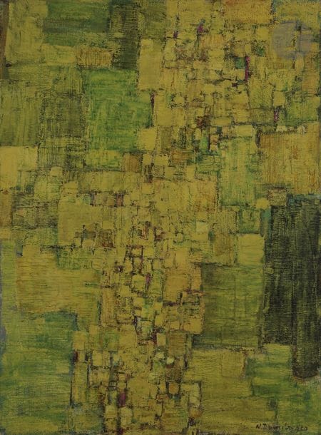 Natalia DUMITRESCO [roumaine] (1915-1997)
Jaune, vers 1955
Huile sur toile.
Signée en bas à droite.
Signée et titrée au dos.
73 x 54 cm