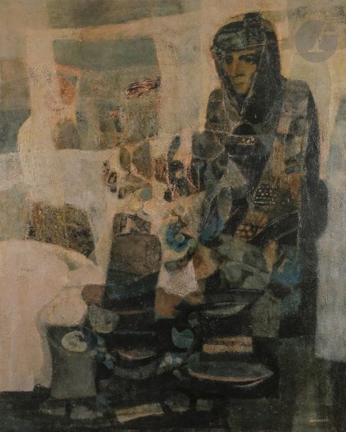 M’hamed ISSIAKHEM [algérien] (1928-1985)
Femme à l’enfant ou Portrait présumé de la mère de l’artiste
Huile sur panneau.
Signée en bas à droite.
152 x 124 cm