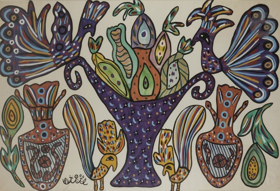 BAYA [algérienne] (1931-1998)
Coupe de fruits et oiseau, 1984
Gouache.
Signée et datée en bas à gauche.
100 x 147 cm