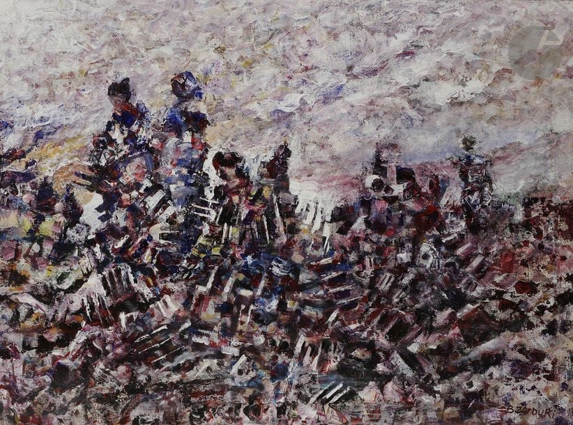Boukhari ZERROUKI [algérien] (né en 1944)
Latence, 2019
Huile et acrylique sur toile.
Signée en bas à droite. Zerrouki est un artiste peintre, scénographe algérien, né en 1944 à Mostaganem. Il étudie à l’École Nationale des Beaux-Arts d’Alger entre 1964 et 1970 et devient membre du groupe des 35 peintres. En 1973, il réalise, en marge d’un séminaire dirigé par Abdelkader Alloula, une fresque collective pour l’école du village de Maamora, dans la wilaya de Saïda, avec Khadda, Denis Martinez et Mohamed Benbaghdad. 
Décorateur du théâtre d’Oran et de la télévision algérienne, il réalise les décors et les costumes d’une quarantaine de pièces de théâtre dont les œuvres de Abdelkader Alloula (Homk Salim, Lithem, Ledjouad, Hafila Tassir), M’Hamed Benguettaf (Arrêt fixe), Ziani Chérif Ayad (Les Martyrs reviennent cette semaine), Abdelkrim Barchid (Le Dernier conteur). Il obtient en 1986, le Premier Grand Prix du Festival du théâtre professionnel d’Alger. Il met également en scène Eteffah (1992). (Source : https://patmagh.hypotheses.org/category/art-contemporain/dictionnaire-des-artistes-algeriens). 