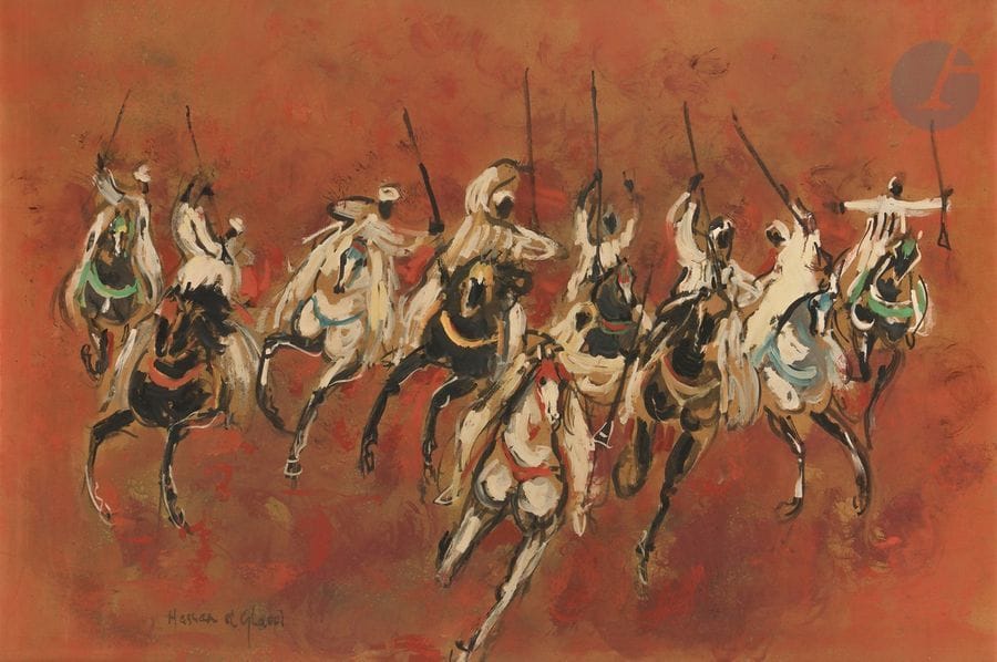Hassan EL GLAOUI [marocain] (né en 1924)
Fantasia
Technique mixte sur isorel.
Signée en bas à gauche.
72 x 104 cm