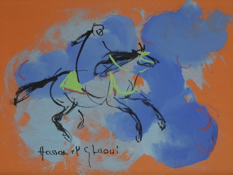 Hassan EL GLAOUI [marocain] (né en 1924)
Cavalier arabe au galop
Gouache.
Signée en bas à gauche.
22.5 x 30 cm

Provenance : 
Collection de M. et Mme X, Paris, ami de l’artiste.