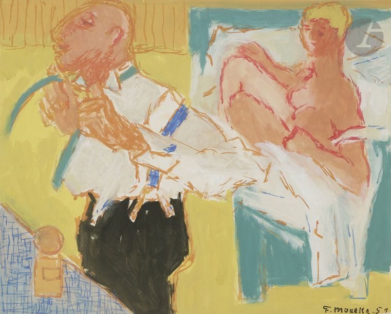 Fikret MOUALLA [turc] (1905-1968)
Dans la chambre, 1951
Gouache.
Signée et datée en bas à droite.
24 x 29 cm

Cette œuvre sera incluse dans le second tome du Catalogue Raisonné de Fikret Moualla actuellement en préparation par Messieurs Kerem Topuz et Marc Ottavi.

Un certificat à la charge de l’acquéreur pourra être demandé à ces derniers.