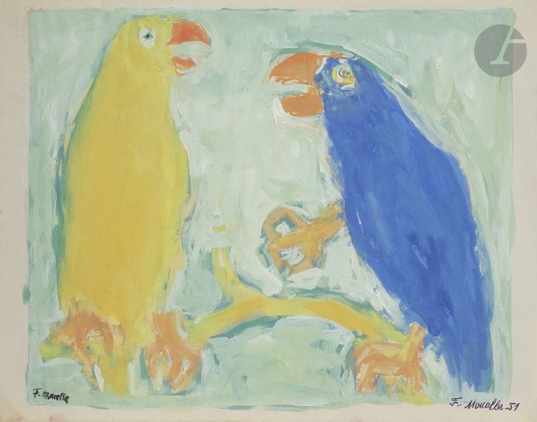 Fikret MOUALLA [turc] (1905-1968)
Deux perroquets, 1951
Gouache.
Signée et datée en bas à droite.
20.5 x 26.5 cm

Cette œuvre sera incluse dans le second tome du Catalogue Raisonné de Fikret Moualla actuellement en préparation par Messieurs Kerem Topuz et Marc Ottavi.

Un certificat à la charge de l’acquéreur pourra être demandé à ces derniers.