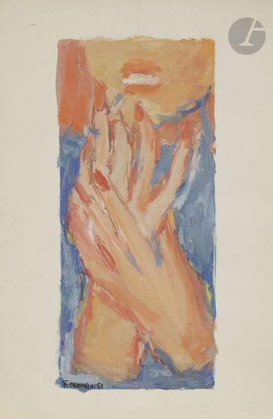 Fikret MOUALLA [turc] (1905-1968)
Les Mains croisées, 1951
Gouache.
Signée et datée en bas à gauche.
29 x 19 cm

Cette œuvre sera incluse dans le second tome du Catalogue Raisonné de Fikret Moualla actuellement en préparation par Messieurs Kerem Topuz et Marc Ottavi.

Un certificat à la charge de l’acquéreur pourra être demandé à ces derniers.