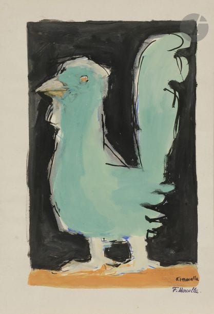 Fikret MOUALLA [turc] (1905-1968)
Coq vert, vers 1951
Gouache.
Signée en bas à droite.
28.5 x 19 cm

Cette œuvre sera incluse dans le second tome du Catalogue Raisonné de Fikret Moualla actuellement en préparation par Messieurs Kerem Topuz et Marc Ottavi.

Un certificat à la charge de l’acquéreur pourra être demandé à ces derniers.