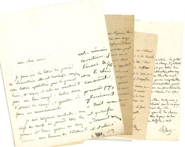 LITTÉRATURE. 50 lettres, la plupart L.A.S
Gustave Aimard, Louis Aimé-Martin (4), Jacques Ancelot, François-Guillaume Andrieux (à Bernardin de Saint-Pierre), Jean-Nicolas Bouilly, Charles Brifaut, Jean-Alexandre Buchon, Eugène Burnouf, Philarète Chasles, Jean-François Collin d’Harleville, Alfred-Auguste Cuvillier-Fleury, Charles-Albert Demoustier (7 à Mme Adèle Sue), Joseph Fiévée, Edmond Haraucourt, Ernest Havet, Marianne-Éliza de Lamartine, Gabriel et Ernest Legouvé, Louise Lemercier, Hippolyte Lucas, Paul Meurice, Athénaïs Michelet, Alexandre Pieyre, Saint-Marc-Girardin, Eugène Scribe, Frédéric Soulié, Eugène Sue, Pierre-François Tissot, Jean Vatout, Narcisse Vieillard (3), Jean-Pons Viennet, Abel Villemain, Francis Wey (2)...