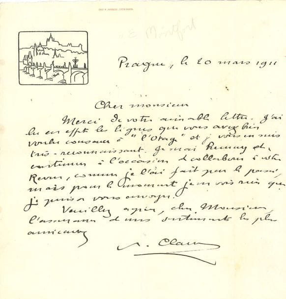 LITTÉRATURE. 6 lettres ou poèmes autographes signés
Paul Claudel (Prague 1911, remerciant d’un article sur L’Otage), Louis de Gonzague Frick (3 à Fernand Marc, dont un poème a.s. Espèces impresses), Alphonse de Lamartine (à U. Canel, plus photo par Pesme), Jean Royère (poème a.s., Denise à Dinard). On joint la copie de 2 poèmes de Guillevic.