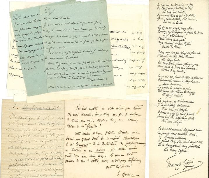 LITTÉRATURE. 15 lettres ou manuscrits, la plupart L.A.S. (de la collection d’Édouard Herriot, avec chemises autographes)
Michel Bréal (réponse à une enquête sur l’internationalisme et la paix, 1903), Auguste Brizeux (à son demi-frère Ernest Boyer sur son retour d’Italie, 1834), François Coppée (poème-préface pour Émile Blavet, et 2 l. à G. Larroumet), Paul Meurice (8 à Paul Clèves, pour une reprise de Notre-Dame de Paris à la Porte-Saint-Martin, 1903), Edgar Quinet (2 à F.Z. Collombet ; plus 5 doc. joints le concernant).
