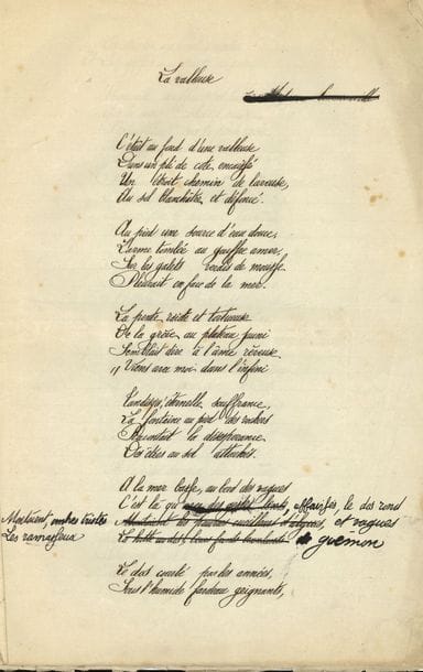Jean LORRAIN (1855-1906). 3 poèmes autographes signés, Fécamp 1882 ; 6 pages et demie in-fol. (le haut légèrement effrangé)
Ensemble de trois poèmes de jeunesse, adressé à Arsène Houssaye, directeur de L’Artiste (feuillet d’adresse joint).
La valleuse (2 pages, 12 quatrains). Dédicace biffée : « à Madame Commanville » (nièce de Flaubert) ; trois vers du 5e quatrain presqu’entièrement refaits. Ce poème sur Fécamp a été publié plusieurs fois, notamment dans des journaux fécampois et dans La Vie Moderne (25 février 1888), puis dans la série Par les Falaises parue en 1892 dans plusieurs livraisons de L’Écho de Paris sous la signature Raitif de la Bretonne (29 juillet 1892).
                               « C’était au fond d’une valleuse
                                  Dans un pli de cote encaissé
                                  Un étroit chemin de laveuse,
                                  Au sol blanchâtre et défoncé »…
À marée basse (2 pages et quart, 13 quatrains). Dédicace biffée : « au maître, Charles Gounod » ; nombreuses corrections autographes, les quatrains 9 et 10 biffés et entièrement refaits. Ce poème fait aussi partie de la série Par les Falaises de L’Écho de Paris (23 juillet 1892).
                                  « Un souvenir hante mon rêve…
                                     C’était à marée basse, en Juillet
                                     L’ombre emplissait encor la grève »…
Fleurs de lin (2 pages et quart, 14 quatrains). Dédicace biffée : « à l’amie, à Madame Heuzé » ; plusieurs corrections autographes. Poème paru dans L’Art et la Mode du 18 septembre 1886 puis dans la série Par les Falaises de L’Écho de Paris (26 août 1892), avec dédicace à Julia Daudet.
                                   « Parfums du plateau solitaire
                                     Toujours poussés soir et matin,
                                     Nous sommes les flots de la terre
                                     