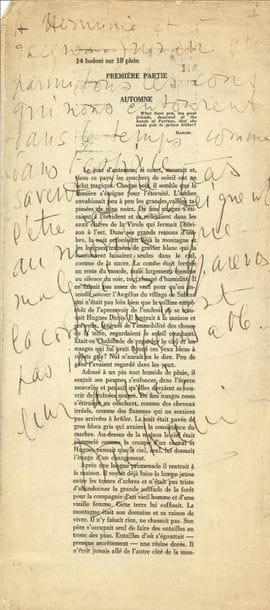 André de RICHAUD. Épreuves, La Fontaine des Lunatiques, [Grasset, 1932] ; placards d’imprimerie (42 x 18 cm), 97 feuillets numérotés au crayon
Jeu d’épreuves complet en placards de ce roman paru chez Grasset en 1932, sans corrections.
Le premier feuillet est entièrement recouvert par ce superbe envoi autographe signé à son ami le peintre aixois Jacques Guiran, qui avait illustré les Images de Saint-Gens : « A Herminie et Jacques Guiran qui parmi tous les cons qui nous entourent dans le temps comme dans l’espace savent ne pas l’être et enseignent au monde que malgré les apparences la connerie n’est pas indispensable. Leur ami Richaud ».
On joint La Fontaine des Lunatiques (Paris, Grasset, 1932) ; in-12, broché. Édition originale, ex. du service de presse, avec envoi a.s. : « A Daniel Gilbert – Honorius – son ami pressé mais fidèle Richaud ».