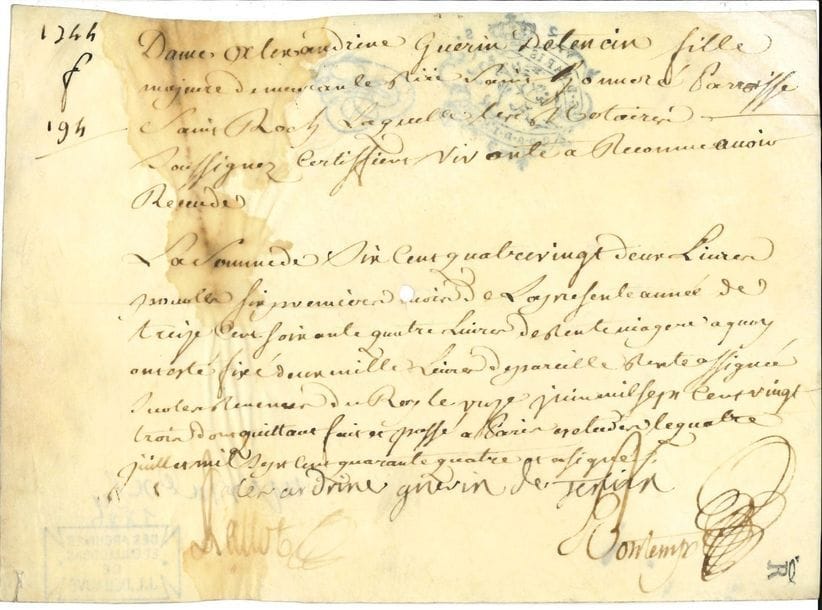 Claudine Alexandrine Sophie Guérin de TENCIN (1682-1749) femme de lettres et salonnière, mère de D’Alembert, maîtresse du Régent, amie de Voltaire. P.S., Paris 4 juillet 1744 ; vélin oblong in-8 (mouillure)
Reçu de 682 livres de rente viagère. Peu commun.