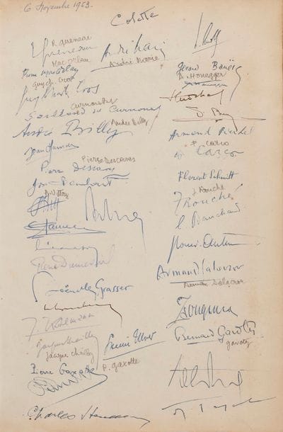 Académie du disque français. Registre portant 85 signatures environ, 1953-1955 ; sur 4 feuilles d’un registre ancien in-fol., cachets Académie du Disque français, reliure parchemin ivoire à lacets
Registre signé lors de séances du 6 novembre 1953 au 12 juillet 1955 : Colette, Raymond Queneau, Pierre Mac Orlan, Guy-Charles Cros, André Billy, Pierre Descaves, Jacques Chailley, Pierre Gaxotte, Gérard Bauër, Arthur Honegger, Francis Carco, Florent Schmitt, Jacques Rouché, Armand Salacrou, Bernard Gavoty, Maurice Garçon, Louis Aubert, Roland Dorgelès, Philippe Hériat, Lionel Hampton, Jean Cocteau, Pierre Gaxotte, Georges Duhamel, Germaine Tailleferre, Jean Françaix, Larry Adler, Georges Auric etc.
On joint 4 L.A.S. et 2 L.S. par Robert de Flers, Vincent d’Indy, Louis Jouvet, Henry Kistemaeckers, Henri Rabaud, Camille Saint-Saëns.