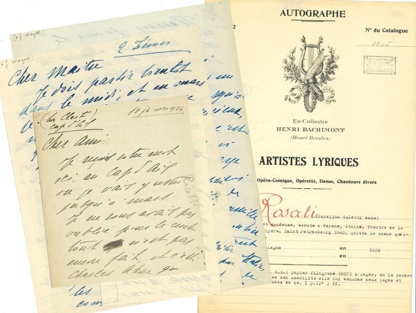 danse. 20 L.A.S., 2 L.S. et 5 cartes de visite autogr., XIXe-XXe siècle (plus qqs impr.)
Morita Aeros, Rosalie Bellmar, Jean Borlin, Désirée Catherine-Emonnet, Jeanne Chasles, Idalise Greiner, Jane Labatoux, Harald Lander, Rolf de Maré, Petit-Bob (plus photo), Paul Raymond, Marietta Ricotti (4), Caroline Rosati, Marceline Rouvier, Pierre Sandrini, Teresina, Pierre Tugal, Carlotta Zambelli (plus une à elle adressée).