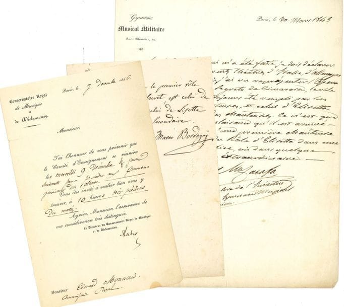 MUSIQUE. 20 lettres ou pièces, la plupart L.A.S
Esprit Auber, Marco Bordogni, Michel Carafa, Luigi Cherubini (2, dont une cosignée par Jean-François Lesueur, comme surintendants de la Musique de la Chapelle du Roi), François Devienne (4, à François-Jean Dusausoir), François Francœur, Alexandre Goria, André Grétry (2), Mario, Ferdinando Paër, Auguste Panseron, Gustave Roger, Camille Saint-Saëns, Bernard Sarrette…