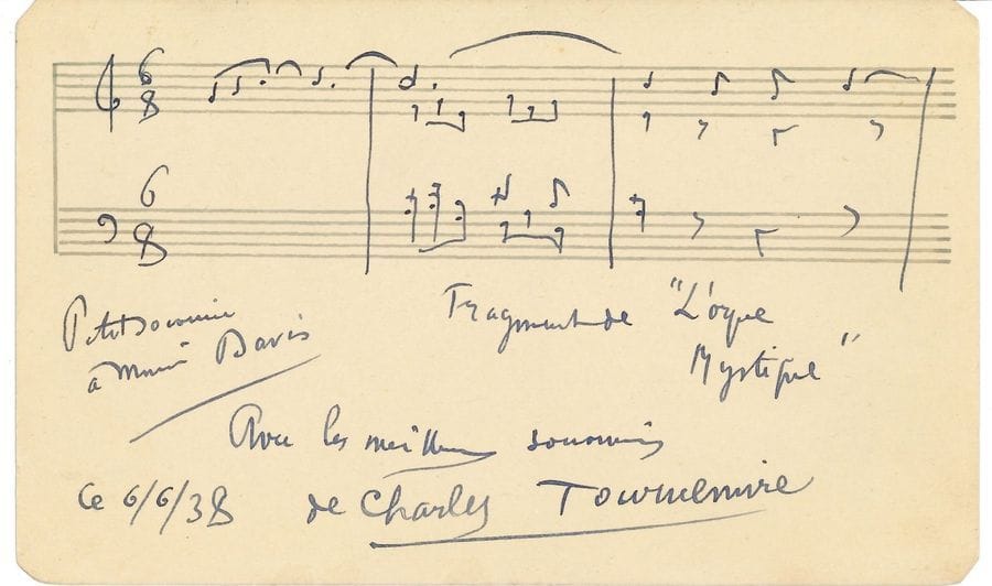 MUSIQUE. 2 L.A.S. et 1 P.A.S. musicale
Camille Saint-Saëns (« Pour trouver quels morceaux je pourrais jouer il faudrait que j’aie quelque idée de la composition et de l’importance de l’Orgue »). Charles Tournemire (sur sa carte de visite : « J’espère que vous pourrez venir entendre Jane Arger qui est exquise, absolument » ; citation de L’Orgue mystique, avec envoi a.s., 6 juin 1938).
