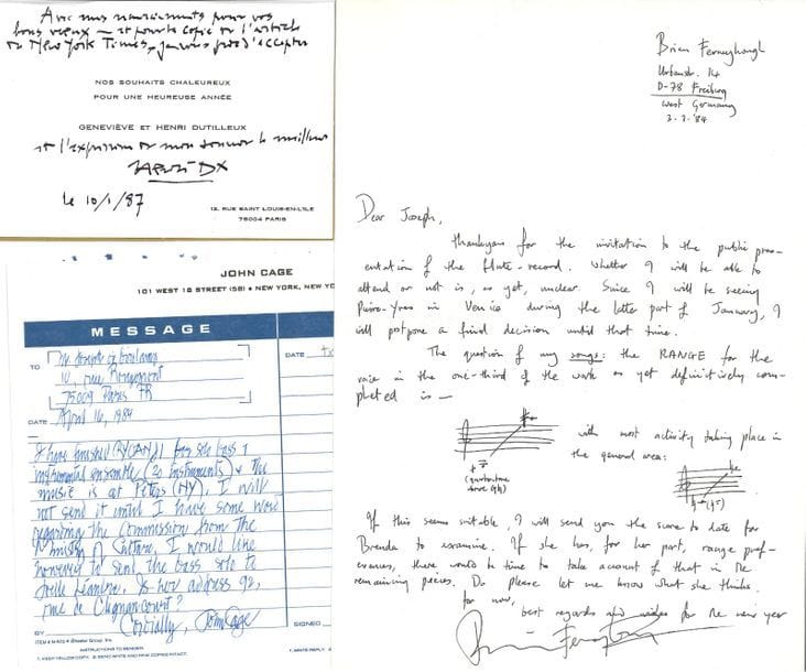 MUSIQUE. 12 lettres ou pièces, la plupart L.A.S
John Cage (sur Ryoanji), Franco Donatoni, Henri Dutilleux, Brian Ferneyhough (indiquant la tessiture de ses songs), Jacques Lenot (2, et manuscrit musical dédicacé sur calque), György Ligeti, Emmanuel Nunes, Steve Reich (l.s. à propos de Vermont Counterpoint et The Desert Music), Giacinto Scelsi (l.s.), Karlheinz Stockhausen.