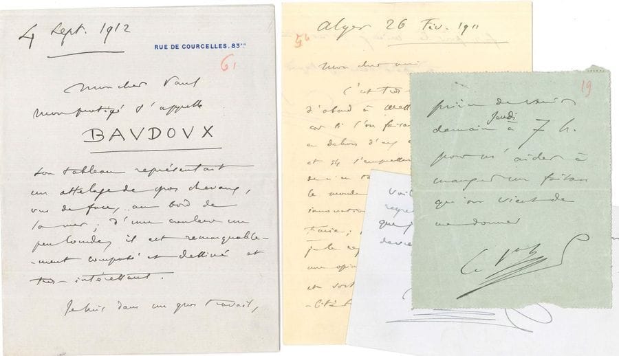 Camille SAINT-SAËNS. 12 L.A.S. et 1 L.A., 1887-1920, [à son ami le musicien Paul Dugas, ou son fils le peintre Paul Steck] ; 20 pages formats divers, une adresse
[1887]. « Le petit chat noir sera sans doute content de savoir qu’on s’occuper de lui ». 18 juillet 1888. « Tu serais bien, bien gentil de te montrer favorable à la demande de M. Gabriel Sizes de Toulouse, qui désire jouer à Biarritz mon Concerto en sol mineur. C’est un de mes bons amis, et il a beaucoup de talent »… Béziers 29 août 1899. Il a mené son enquête : « Castelbon lui-même vous a invité » ; il est incroyable que l’invitation se soit perdue… [25 septembre 1901]. Convocation « pour m’aider à manger un faisan qu’on vient de me donner »… Alger 26 février 1911. « C’est très délicat. Parles-en d’abord à Messager et à Brousson ; car si l’on faisait n’importe quoi en dehors d’eux cela les froisserait ». Les innovations archéologiques de la Furie n’ont pas été approuvées par tout le monde, il regrette de ne pas les avoir vues : « Il faut éviter l’étrange et sortir, s’il se peut, de la banalité sans tomber dans le ridicule »… 19 septembre 1911. Il est de retour à Paris et regrette déjà la chaleur de l’été : « Comme je sens bien que je descends du singe ! je ne devrais jamais quitter les tropiques »… 4 septembre 1912. Recommandation en faveur de son protégé le peintre Émile Baudoux : « Son tableau représentant un attelage de gros chevaux, vus de face au bord de la mer ; d’une couleur un peu lourde, il est remarquablement composé et dessiné et très intéressant. Je suis dans un gros travail »… Etc.
