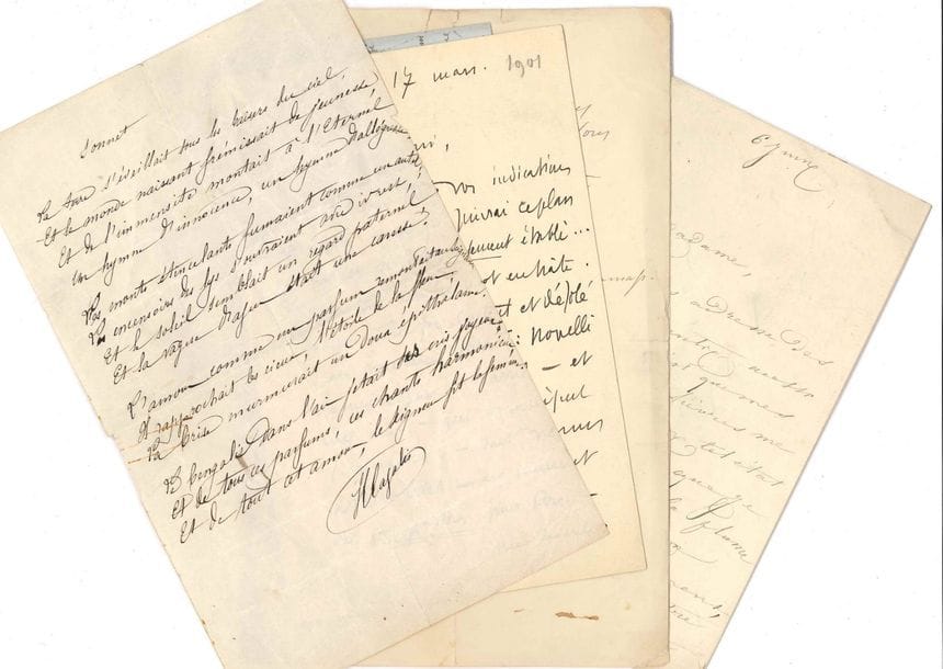 Henri CAZALIS, dit Jean LAHOR (1840-1909) médecin et poète. Poème autographe signé, et ensemble de 39 lettres, la plupart L.A.S., à lui adressées (ou à son épouse), 1872-1914 ; environ 80 pages formats divers
Sonnet, poème autographe signé par Henri Cazalis, probablement de jeunesse, et qui semble inédit :
                     « La terre s’éveillait sous les baisers du ciel
                        Et le monde naissant frémissait de jeunesse
                        Et de l’immensité montait à l’Éternel
                        Un hymne d’innocence, un hymne d’allégresse »…
Correspondance amicale et littéraire par des écrivains, musiciens et artistes. Félicitations pour sa Légion d’Honneur, recommandations de nouveaux patients, remerciements et félicitations pour ses ouvrages, dont L’Enchantement de Sivâ, Le Livre du Néant, Cantique des Cantiques… Louise Ackermann, Jean Aicard, Arvède Barine, Victor du Bled, Gabriel Bonvalot, Paul Bourget, Ferdinand Brunetière, Henriette J. Brunhes, Eugène Carrière, Antoine Cros, Léon Dierx, Jane Dieulafoy, Auguste Dorchain, René Doumic, Émile Faguet, Anatole France, Reynaldo Hahn, Ernest Lavisse, Charles Le Goffic, Jules Lemaître, Lucien Lévy-Dhurmer (2), Frédéric Masson, Frédéric Mistral, Pierre de Nolhac, Louise Read (2), Henri de Régnier, Camille Saint-Saëns, Édouard Schuré (3), Louisa Siefert, Albert Sorel, André Theuriet, Albert Vandal, E.M. de Vogüé.
On joint 2 lettres de Sophie Cazalis mère à son fils, et 3 de William Cazalis (Neuchâtel 1877, à son frère Adolphe, à son neveu Henri et à sa nièce Laure) ; et l’acte de succession de Sophie Cazalis née Vautier (1804-1864) signé par son mari Adolphe Cazalis et ses enfants Henri et Laure (1865).