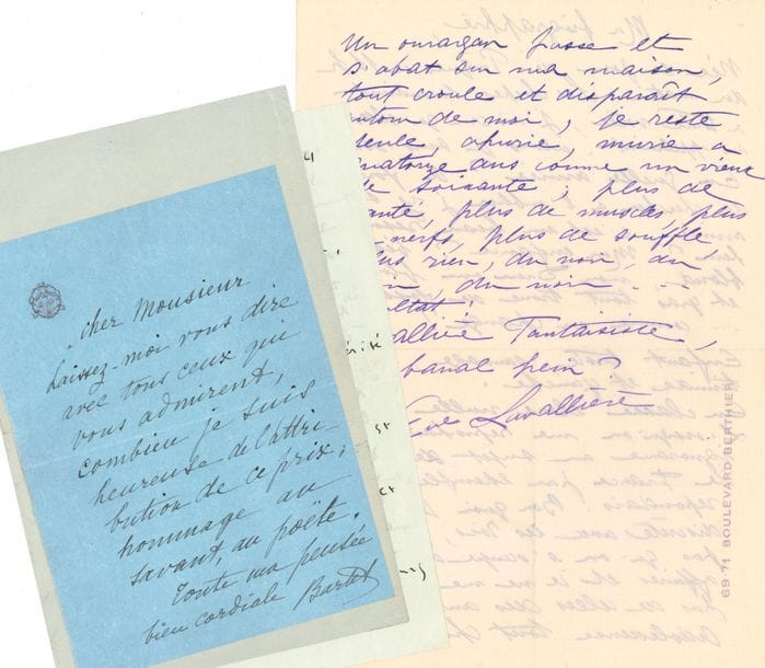 SPECTACLE. 3 L.A.S., un manuscrit a.s. et une photographie
Julia Bartet (« heureuse de l’attribution de ce prix, hommage au savant, au poëte »), Max Dearly (à Joseph Bédier, à propos de son Tristan), Annie Ducaux (au même), ève Lavallière (ms Ma biographie), Otéro (photo).
