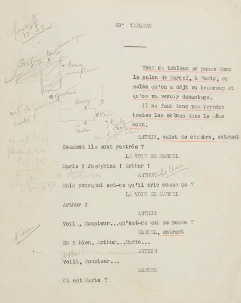 Sacha GUITRY. Le Blanc et le Noir, film parlant, [1930]. Tapuscrit annoté et corrigé (la fin manque) ; 135 ff. in-4
Intéressant tapuscrit de travail du premier film parlant de Sacha Guitry, réalisé par Robert Florey (et l’assistance de Marc Allégret), sur un scénario et des dialogues de Sacha Guitry d’après la pièce créée le 9 novembre 1922 aux Variétés par Raimu, qui tient dans le film le rôle principal, aux côtés de Suzanne Dantès, Irène Wells, Pauline Carton, Monette Dinay, Charlotte Clasis, Alerme, Pauley, Baron fils, Charles Lamy, Louis Kerly, et Fernandel (dont c’est le premier film). Le film sortira sur les écrans en mai 1931.
Le scénario est soigneusement établi par le secrétariat de Sacha Guitry, avec le découpage en tableaux (chacun paginé séparément), et les plans et didascalies sur la partie droite de la page et soulignés au crayon rouge. Il s’interrompt après le 82e tableau et l’exclamation de Marcel (Raimu) : « Oh !... Nom de Dieu. C’est un nègre !... » À partir du 17e tableau, de nombreuses annotations ont été portées sur le tapuscrit par Georges Lemaire, le fidèle assistant et régisseur de Guitry : indications de mise en scène, des mouvements des personnages, des plans et mouvements de caméra, nombre et minutage de prises sur quelques tableaux, etc. ; plusieurs passages des dialogues ont été biffés ou corrigés.
Ancienne collection André Bernard (partie du 363).