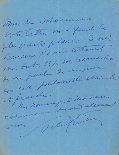 Sacha GUITRY. 3 L.A.S. ; 3 pages in-4, une enveloppe
30, rue Alphonse de Neuville. « Je suis heureux que vous ayez aimé ma pièce – vous le dites d’une façon exquise qui me touche »… 18 avenue Élisée-Reclus, à Mme J. Thalheimer. « La loge sera au contrôle à votre nom. Dites à Olivier (10 ans) que je partage son opinion sur Yvonne »… à Joseph Schurmann : « Je suis heureux d’avoir atteint mon but. Et je vous remercie de me parler de ma pièce avec cette spontanéité amicale et franche »…
On joint une L.A.S. de son père Lucien Guitry, à une dame.