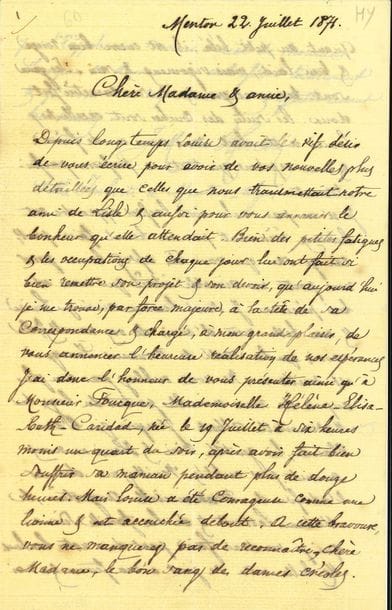 José-Maria de HEREDIA (1842-1905). 2 L.A.S. ; 1 page et demie et 1 page in-8
Menton 22 juillet 1871, à Mme Foucque. Il raconte la naissance de sa fille aînée, « Mademoiselle Hélène-Élisabeth-Caridad, née le 19 juillet […] après avoir bien fait souffrir sa maman […]. Mais Louise a été courageuse comme une lionne et est accouchée debout. À cette bravoure, vous ne manquerez pas de reconnaître […] le bon sang des dames créoles ! »…
Lundi soir. « Régnier m’a promis de vous amener samedi. Un aussi notable ronsardisant sera le très bien venu chez le vieil élève du Vendômois. J’ai employé Thermodontée dans un sonnet dont les tercets seuls sont faits. Je vous les dirai »…