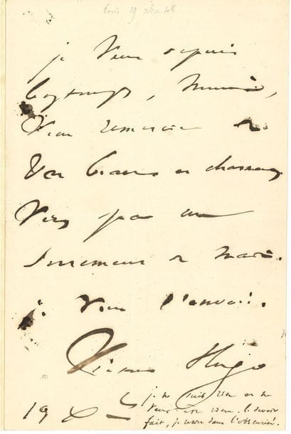 Victor HUGO. L.A.S., 19 décembre [1848 ?, à Hyacinthe Vinson] ; 1 page in-8
« Je veux depuis longtemps, Monsieur, vous remercier de vos beaux et charmants vers par un serrement de main. Je vous l’envoie »… Il ajoute : « Je ne suis rien et ne veux être rien. Le devoir fait, je rentre dans l’obscurité »…