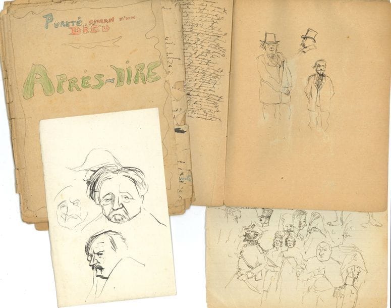 Ernest LA JEUNESSE (1874-1917). Environ 75 manuscrits, pièces ou dessins, 1891-1914 ; près de 500 pages formats divers
* 18 manuscrits autographes signés. – Devoirs (11) en classe de rhétorique, avec corrections et commentaires du professeur (1891-1893). – Pureté ? (1891, cahier abondamment orné de croquis)… – « Après-dire », sous forme de « Lettre apologétique », de Pureté, roman d’un dieu (1893). – Dissertation sur Diderot (1894), annotée par le professeur. – Le Lys, nouvelle (1894). – Brefs textes pour la presse : La Poubelle délicieuse, et Concurrence déloyale… – Discours : Sedaine et le Philosophe sans le savoir.
* Plus de 25 manuscrits autographes en prose ou vers (dont ébauches et fragments) : Les Excentriques du coup d’État, Servedieu, La Peur, L’Âme française, Henri Heine, Mort d’Henry Houssaye, etc. Pages de titre : L’Éducation simiesque, Le Fossé de Béthleem… Poésies : Fragment d’un poème épique (1892), Sonnet, Prière de Laberdesque, Nocturne (incomplet), quelques chansons et pièces diverses. Théâtre : Les Ruines, actes I, II, III, 1897-1898, plus des fragments importants d’autres versions de cette pièce, et des fragments d’autres pièces.
* Tapuscrit corrigé de La Dynastie, « drame contemporain » en 4 actes, en prose, 1904-1906. * Contrat d’édition signé, avec Jean Bosc et Cie, pour un roman intitulé Le Boulevard, 1906. * Quelques épreuves d’articles, dont une corrigée, etc.
* Plus de 30 dessins originaux, dont des caricatures de militaires légendées, et personnalités (Barrès, J. Lemaitre, etc.).