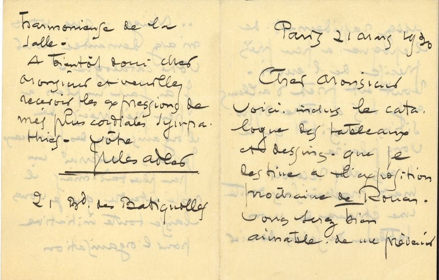 Jules ADLER (1865-1952). 9 L.A.S., 1930, à Georges Sauclières ; 17 pages formats divers
Belle correspondance au sujet du Salon de la Société des Artistes Rouennais. 21 et 23 mars. Il lui envoie « le catalogue des tableaux et des dessins que je destine à l’exposition prochaine de Rouen », et va lui envoyer « une épreuve de mon tableau du salon dernier, Neige » pour le catalogue ». Il s’enquiert de l’assurance pour le transport des œuvres, etc. 4 avril. Il lui envoie le plan des panneaux en vue d’une « organisation harmonieuse de la salle »... 16 avril. Il arrivera pour l’ouverture de l’exposition... 26 mai. Il lui demande de lui envoyer quelques toiles dont il a besoin pour le Salon des Tuileries, etc. 12 juin. Il l’attend à Paris : « J’aurais aimé vous faire choisir dans ces petits dessins ce qui vous aurait été agréable »... Etc.