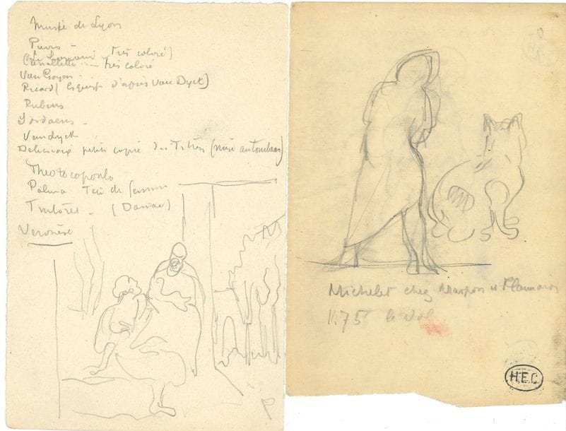 Henri-Edmond Delacroix dit Henri-Edmond CROSS (1856-1910). 12 feuillets autographes dont 8 avec dessins ; 18 pages in-12 ou in-16 au crayon, 4 portant le cachet d’atelier
Notes et esquisses. Comptes, liste de livres, notes pour un voyage à Milan et Vérone, horaires de trains, liste d’œuvres exposées chez Vollard en 1901 (Le Bal villageois, La Lavandière, Vue de Menton, etc.), liste de tableaux à voir au Musée de Lyon avec dessin de Bethsabée au bain de Véronèse ; réflexions : « Rien en effet dans la Nature n’a de valeur en soi ; le monde de la réalité est une matière indifférente qui n’a d’autre intérêt que celui que nous lui donnons » ; « Faire de rien une chose énorme, sublime. Une simple figure, un arbre, etc. Tous les grands ont ainsi conçu. J’ai toujours cherché le compliqué. » Dessin d’une arcade avec ces explications : « La colonne a dans le rapport de son diamètre les proportions de l’ordre dorique. Ce rapport est celui de 1 à 6, et de 1 à 7. La hauteur égale à la largeur de l’arcade conformément au principe de Vitruve et de Pline ». Il dessine une femme assise de dos en plein air, avec ces indications : « chapeau paille bise ruban et ceinture écharpe rose – robe mousseline blanche. Cheveux frisés en tire-bouchons ». Au-dessous de deux visages joufflus d’enfants, il écrit : « Rien n’est plat dans la Nature ; il n’y a que la pensée de l’homme qui soit plate ». Il ébauche des silhouettes féminines debout, et un homme et un chien de dos.