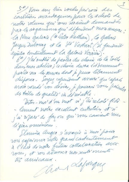 Charles LAPICQUE (1898-1988). 8 L.A.S., [1951]-1980, la plupart à Jacques Lassaigne ; 10 pages formats divers, une enveloppe
À Jacques Lassaigne, 6 mai [1951], l’invitant à son exposition chez Denise René… 14 avril [1956] : « Je viens de découvrir et de me procurer le Skira sur Venise où j’ai relu avec un vif plaisir tout votre excellent chapitre, si vivant et senti de l’intérieur. Je suis très heureux d’y figurer par cet important paragraphe qui met si bien en lumière mon travail sur la ville des doges »… Il annonce un livre sur lui par Jean Lescure, édité par Galanis… 29 avril 1971, sur un projet d’édition du « Musée de Poche » consacrée à lui-même, avec la collaboration d’Elmina Auger… 13 octobre [1971 ?] : « Je n’apparais pas beaucoup, mais je travaille, je rassemble et je suis par la pensée toutes vos opérations »…
Vœux pour 1966 (à Maurice Escande, au dos de la reproduction d’un dessin), 1970 (à Lassaigne ?, au dos d’une photo), 1978 (à une demoiselle, avec envoi d’un dessin), et 1980 (à Robert Ducrot)…
On joint un article dactylographié de Jacques Lassaigne, et divers documents impr.