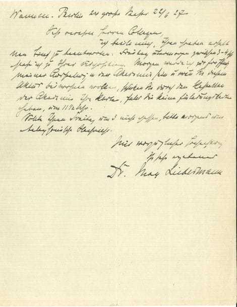 Max LIEBERMANN (1847-1935). L.A.S., Wannsee-Berlin 22 juin 1927, à un collègue ; demi-page in-4 (petites fentes réparées) ; en allemand
Il se met à sa disposition le surlendemain vendredi. Ce lendemain, il est pris par l’ouverture de son exposition à l’Académie, et indique à son collègue comment faire pour y entrer, s’il n’a pas de cartes d’invitation. Si le vendredi ne convient, il prie de le prévenir par téléphone…