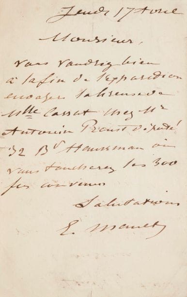 Édouard MANET. L.A.S., Jeudi 17 avril [1879] ; 1 page in-8 (encadrée)
« Vous voudrez bien à la fin de l’exposition envoyer La Liseuse de Mlle Cassat chez Mr Antonin Proust député 32 Bd Haussmann où vous toucherez les 300 frs convenus »...
[Il s’agit de la quatrième exposition des Impressionnistes, en avril 1879, au 28 avenue de l’Opéra. Mary Cassatt y exposait douze tableaux, dont sa Femme lisant, aujourd’hui au Joslyn Museum d’Omaha (Nebraska). Le critique d’art et homme politique Antonin Proust (1832-1905), ami de Manet, fut l’un des premiers acheteurs de Mary Cassatt.]
Reproduit page 107
