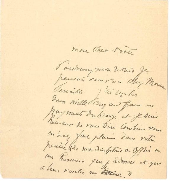 Auguste RODIN. L.A. à un « cher poëte » ; 1 page in-12
Il pensait le voir chez M. Fenaille. « J’ai reçu les deux mille cinq cent francs en payment du bronze et je suis heureux de vous dire combien vous m’avez fait plaisir dans votre pensée “de ma sculpture à offrir à un homme que j’admire et qui a bien voulu m’écrire” ».
On joint 2 L.A.S. par Pierre Balmain et Jean-Louis Forain ; plus 3 L.A.S. par Léon Bérard à M. et Mme Maurice Fenaille (1920-1923).