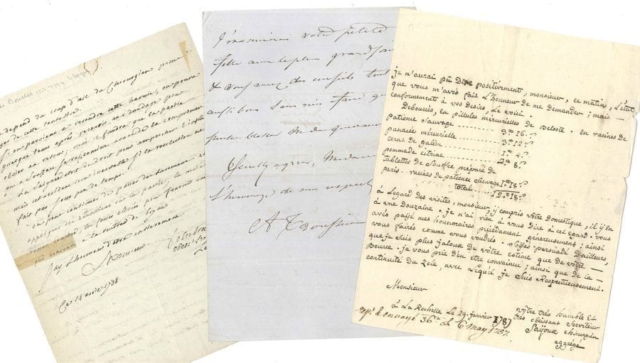 MEDECINE. 35 lettres ou pièces, la plupart L.A.S. ou P.A.S., fin XVIIIe-XIXe siècle
Jean-Louis Alibert, Charles-Louis-François Andry (1813, comme « Médecin consultant » de l’Empereur, certificat médical), Étienne-Marin Bailly (1836 à M. de La Saussaye, plus ms d’un discours sur sa tombe), Jacques-François Baron (1844, ordonnance), Jean Civiale, Maxime Durand-Fardel (bon pour des bains gratuits à Vichy, 1853), Johann-Friedrich Erdmann, Pierre-Élie Fouquier (à Gabriel Andral), Auguste-Nicolas Gendrin (1860), Auguste Godart (certificat médical, 1845), Adolphe Gubler (à un savant collègue), Noël Guéneau de Mussy (ordonnance), Paul Guersant, Natalis Guillot (certificat médical, 1848), Samuel Heller (1824), André-Marie Lallemant (comme chirurgien en chef de la Salpêtrière, certificat pour un élève externe, 1804), Augustin-Jacob Landré-Beauvais (certificat médical, 1825), Amédée Latour (2, 1864), Le Boucher (1788), Auguste Lemontagnier (au Dr Civiale, Châteaulin 1828), Jean-Jacques-Joseph Leroy d’Étiolles (1854), Louis Macartan (parlant d’Abel de Pujol), Joseph-François Malgaigne (au Dr Lemire), Charles Marchal de Calvi (procuration, 1854), Alexandre Mayer (sur le changement d’adresse de La Presse médicale, 1853), Auguste Millard (1870), Mathieu Orfila (autorisation à un médecin de pratiquer les « touchers » de sa clinique en présence de la sage-femme en chef, 1842 ; et sa femme Gabrielle), Philibert Patissier, Philippe Ricord (2), Francesco Rognetta (sur les Annales de thérapeutique et de toxicologie, 1843), Hippolyte Royer-Collard (à son oncle), Jean Sayoux (détail de dépenses pharmaceutiques, La Rochelle 1787), Armand Trousseau.