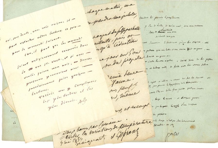 MEDECINE. 5 L.A.S. ou P.A.S., 1805-1864 et sans date
Jean-Louis Alibert (à Mme de Genlis), François Broussais (ordonnance), Jean-Baptiste Nacquart (prescription, cosignée par Lisfranc, de pilules, infusions, régime alimentaire etc.), Antoine Portal (longue prescription détaillée pour une demoiselle), Alfred Velpeau (à un confrère, pour « écouter vos misères pathologiques »).