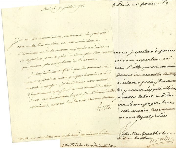 ANCIEN REGIME. 12 lettres ou pièces, la plupart signées, XVIIe-XVIIIe siècle
Marc-Pierre de Voyer de Paulmy comte d’Argenson, Jean-Charles d’Hector, Antoine-Raymond de Sartine, Louis-Antoine de Bourbon comte de Toulouse (sur un brevet d’enseigne) ; plus une constitution de dot sur vélin (1606), des lettres sur vélin de la charge de lieutenant criminel au Châtelet de Paris pour Gabriel-François Nègre avec certificat de prestation de serment et lettre donnant la charge à Antoine-Raymond de Sartine, plus un brevet de pension (1735), etc. On joint un imprimé concernant l’administration de l’hôtel royal des Invalides (1776).