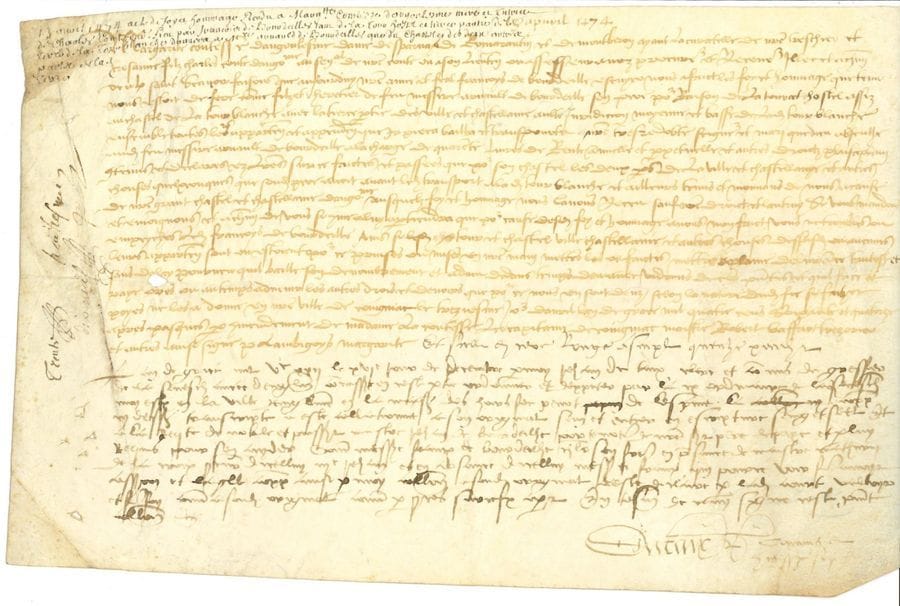 [Marguerite de Rohan, comtesse d’Angoulême (†1497) femme de Jean d’Orléans, comte d’Angoulême, grand-mère de François Ier]. Charte en son nom, 13 avril 1474 ; vélin oblong in-fol
Vidimus de l’acte de foi et hommage à Marguerite, comtesse d’Angoulême, de François de Bourdeille, écuyer, pour la tour et hostel sis au chastel de la Tour Blanche (actuelle Dordogne) avec la terre, ville et châtellenie en dépendant….