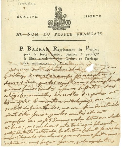 Paul BARRAS (1755-1829) homme politique, conventionnel (Var), membre du Directoire. L.A.S., Paris 12 [vendémiaire IV (4 octobre 1795)] « à dix heures du matin », à son secrétaire Bottot ; 1 page et demie in-4, en-tête (barré) P. Barras, Représentant du Peuple, près la force armée, destinée à protéger la libre circulation des Grains, et l’arrivage des subsistances de Paris, vignette (quelques déchirures réparées au dos, petit trou avec perte de 4 lettres)
Remarquable lettre, le jour même où la Convention nomma Barras général en chef, et la veille du 13 Vendémiaire, qui le vit faire mitrailler les sections mutinées de Paris.
Il n’a que le temps d’accuser réception de la lettre de Bottot, et de dire « que les republicains triompheront, que nous sommes décidés a sauver la patrie, des entreprises criminelles des nobles des pretres et des emigrés ; la convention a vu le piege ou on vouloit la faire tomber ; une commission directoriale vient d’etre formée par les comités elle est composée des repts Daunou Merlin Letourneur Reubel et Barras, nous marcherons contre tout ce qui seleveroit contre lautorité nationale, les electeurs se sont sauvés hier au soir, a laproche des colonnes que nous avons fait avancer contre eux ; nous sommes sauvés, que les representans dans les departemens nous imitent et la patrie est sauvée et tous vos vils royalistes disparoitront »…